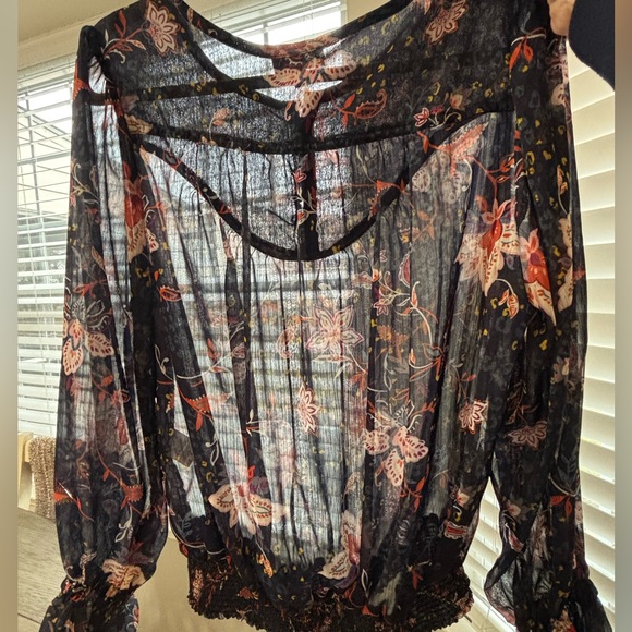 Democracy | Flowy Semi-Sheer Long Blouson Sleeve Blouse with Smocked Hem M… - Picture 7 of 10